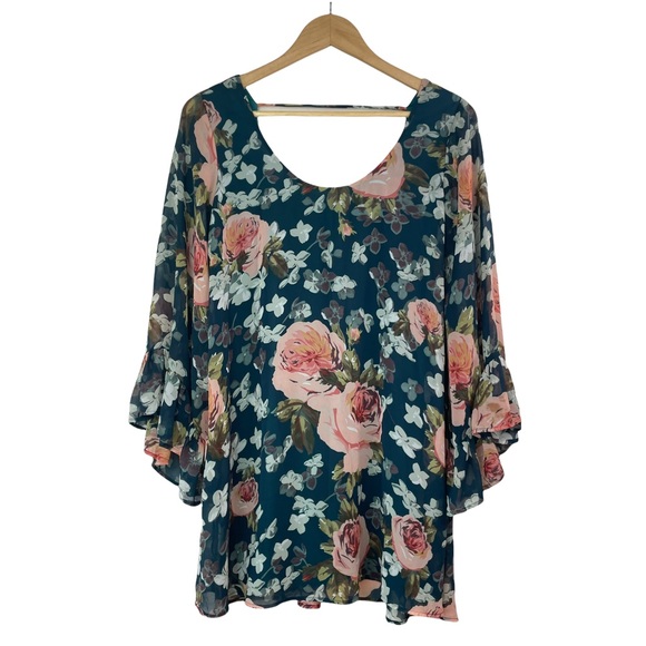 Show Me Your MuMu Boomerang Floral Boho Low Back Ruffle Sleeve Chiffon Dress - Picture 3 of 16